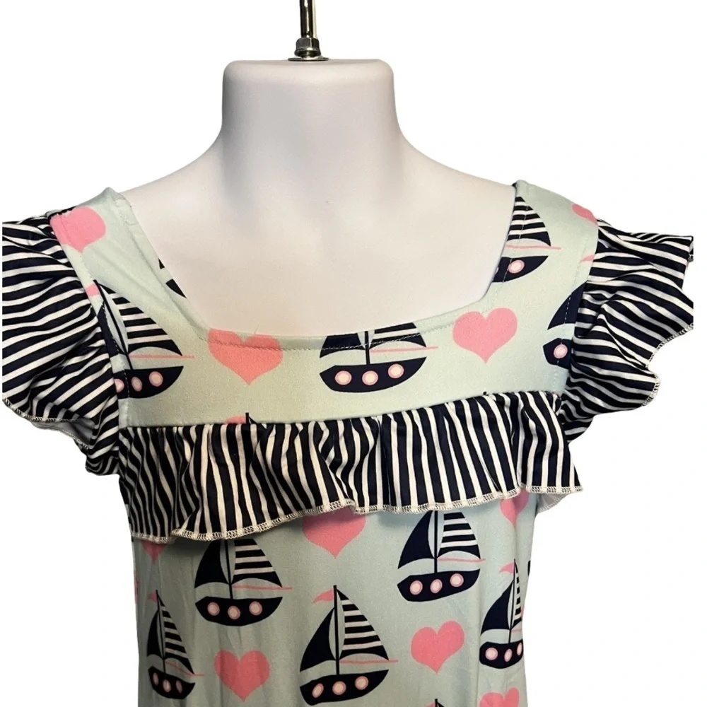Pete and Lucy Blue Sailboat and Pink Heart Short Sleeve Romper with Ruffles NWT
